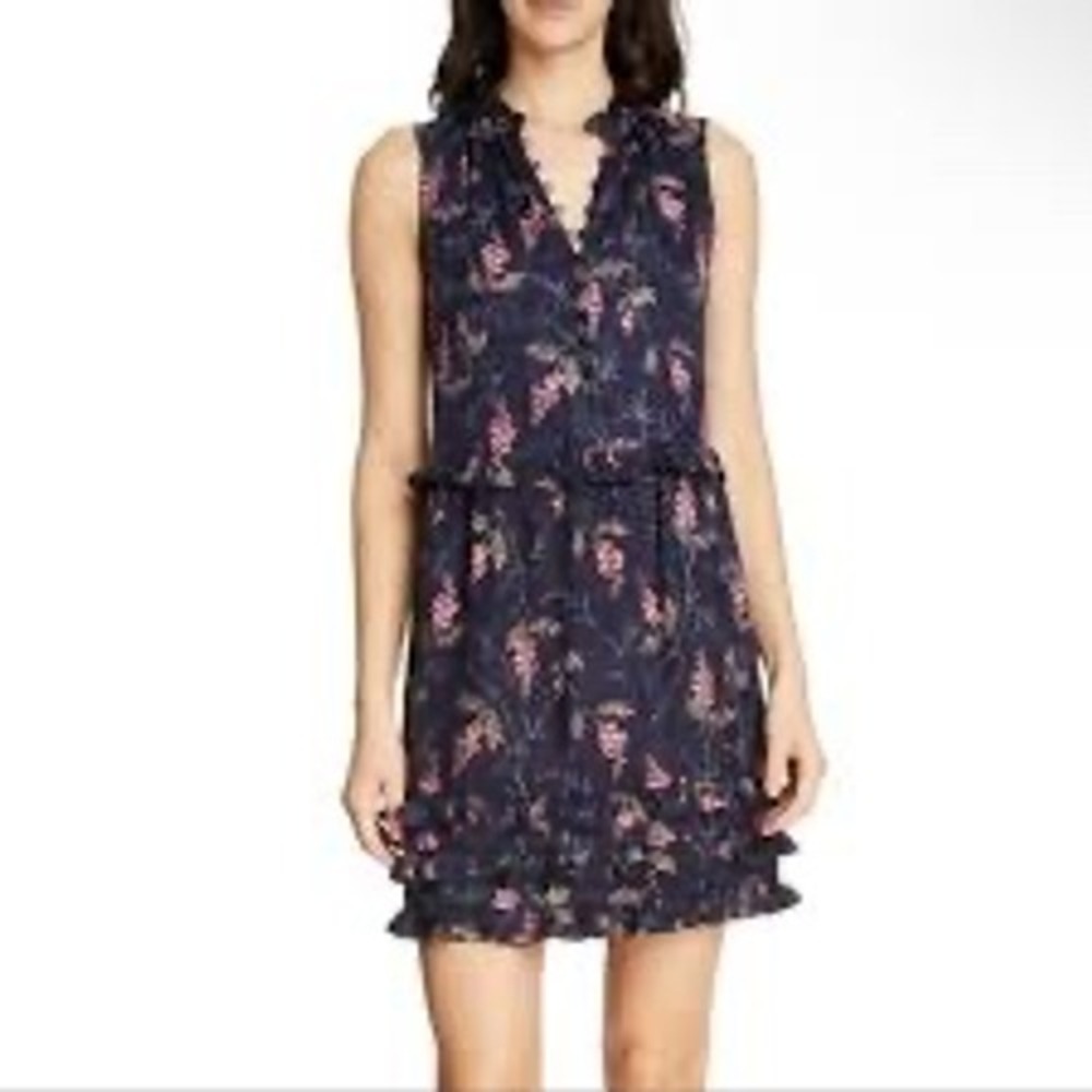 Rebecca Taylor Ivie Floral Ruffle‎ Dress Womens 6 Navy NWT Silk Blend Mini